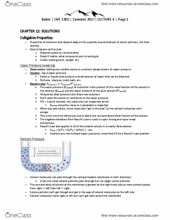 CHE 1302 Lecture Notes - Lecture 4: Freezing-Point Depression, Semipermeable Membrane, Molar Mass thumbnail