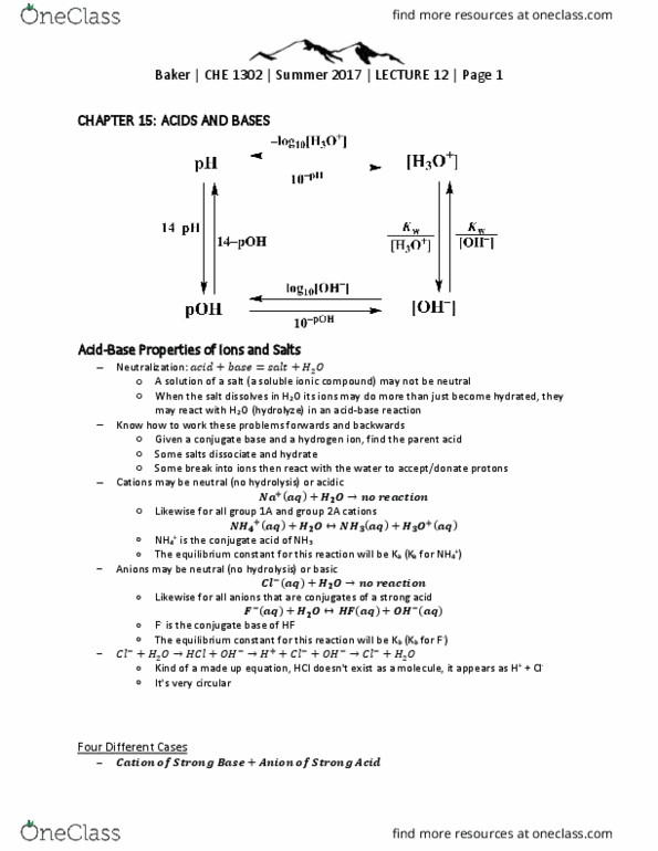 CHE 1302 Lecture Notes - Lecture 12: Conjugate Acid, Acid Strength, Weak Base thumbnail