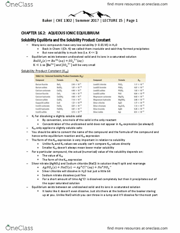 CHE 1302 Lecture Notes - Lecture 15: Sodium Nitrate, Supersaturation, Silver Chloride thumbnail