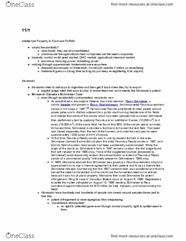 PLSC 380Z Lecture Notes - Lecture 6: Percy Schmeiser, Patent Infringement, Soybean thumbnail