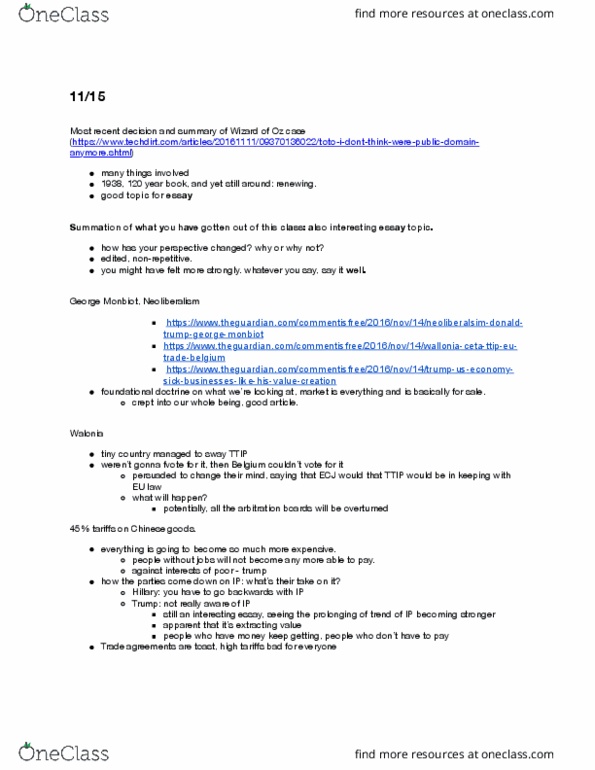 PLSC 380Z Lecture Notes - Lecture 9: George Monbiot, Transatlantic Trade And Investment Partnership, North American Free Trade Agreement thumbnail