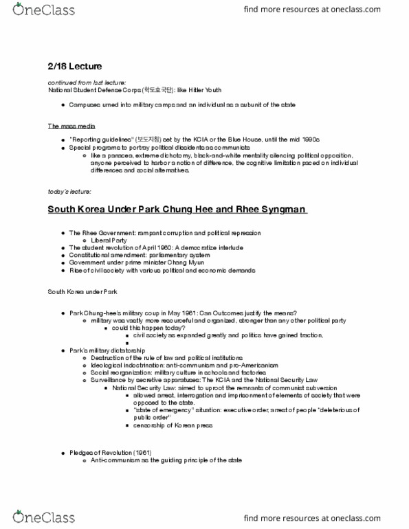 PLSC 389E Lecture Notes - Lecture 5: Park Chung-Hee, Syngman Rhee, Hitler Youth thumbnail