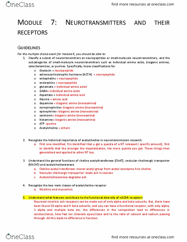 NEUR 3200 Lecture Notes - Lecture 7: Ionotropic Glutamate Receptor, Biogenic Amine, Choline Acetyltransferase thumbnail