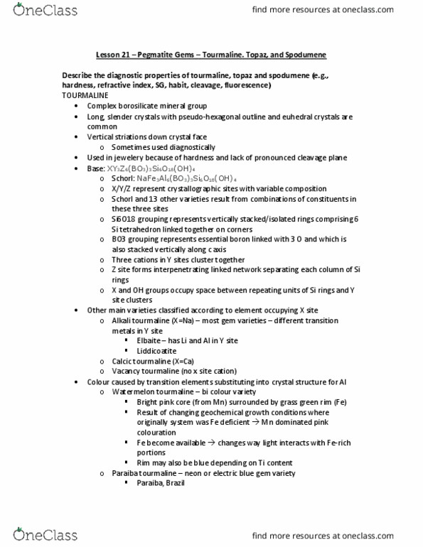 EOSC 118 Lecture Notes - Lecture 21: Topaz, Fluor-Liddicoatite, Elbaite thumbnail