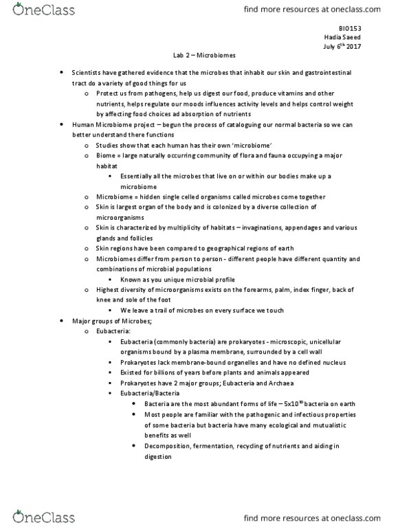 BIO153H5 Lecture Notes - Lecture 2: Human Microbiome Project, Microbiota, Cell Wall thumbnail