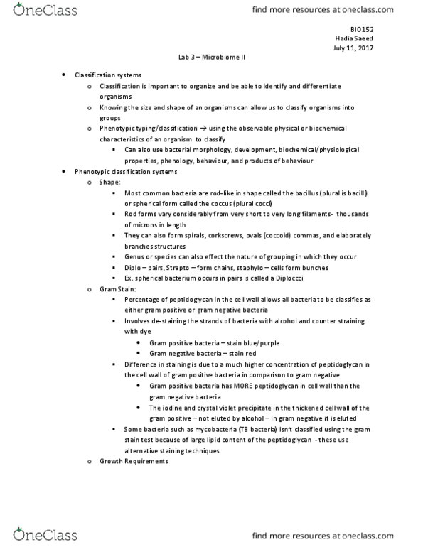 BIO153H5 Lecture Notes - Lecture 3: Gram Staining, Gram-Negative Bacteria, Crystal Violet thumbnail