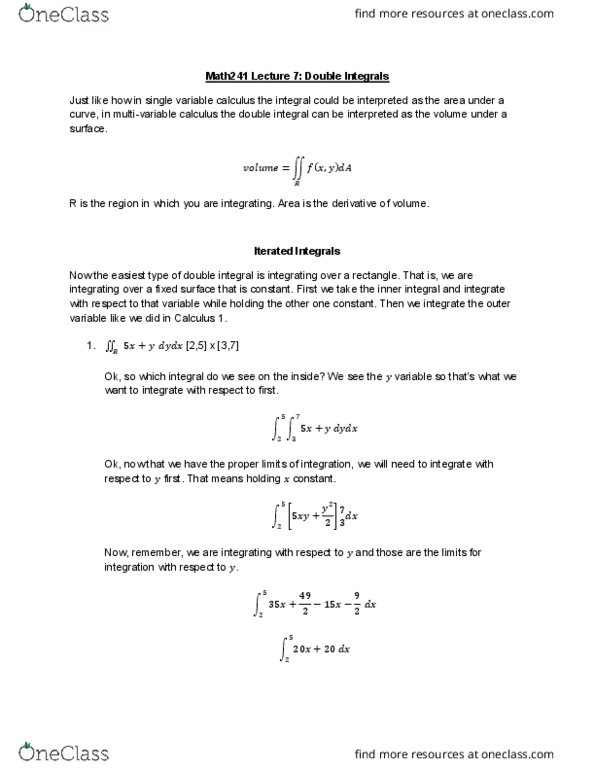 MATH 241 Lecture Notes - Lecture 7: Multiple Integral thumbnail
