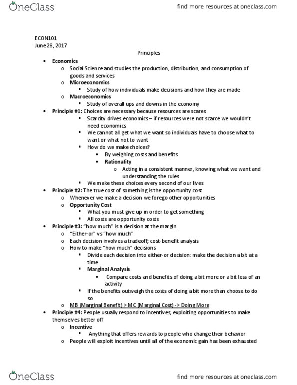 ECON 101 Lecture Notes - Lecture 1: Opportunity Cost, Forego, Rationality thumbnail