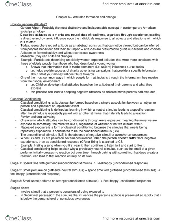 PSYC 2310 Chapter Notes - Chapter 6: Cognitive Dissonance, Wear Sunscreen, Classical Conditioning thumbnail