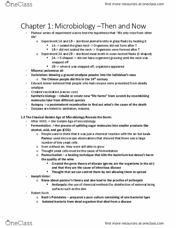 Biology 1290B Chapter Notes - Chapter 1: Louis Pasteur, Edward Jenner, Miasma Theory thumbnail