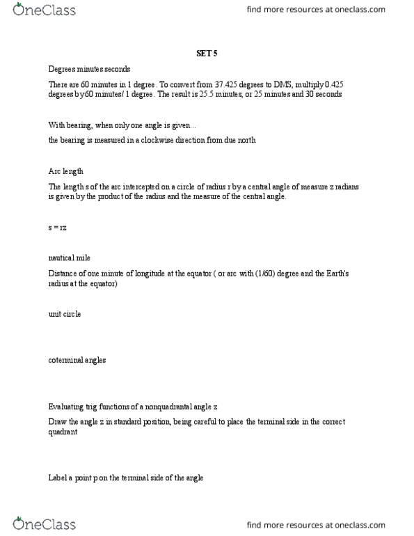 MATH 1200 Lecture Notes - Lecture 5: Sinusoidal Model, Arc Length, Central Angle thumbnail