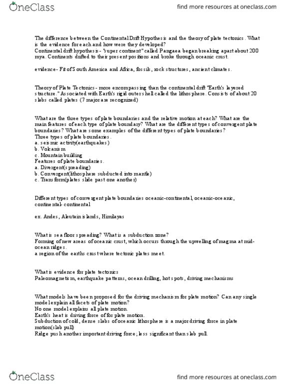 ESC 1000 Chapter Notes - Chapter 7-9: Convergent Boundary, Continental Drift, Oceanic Crust thumbnail