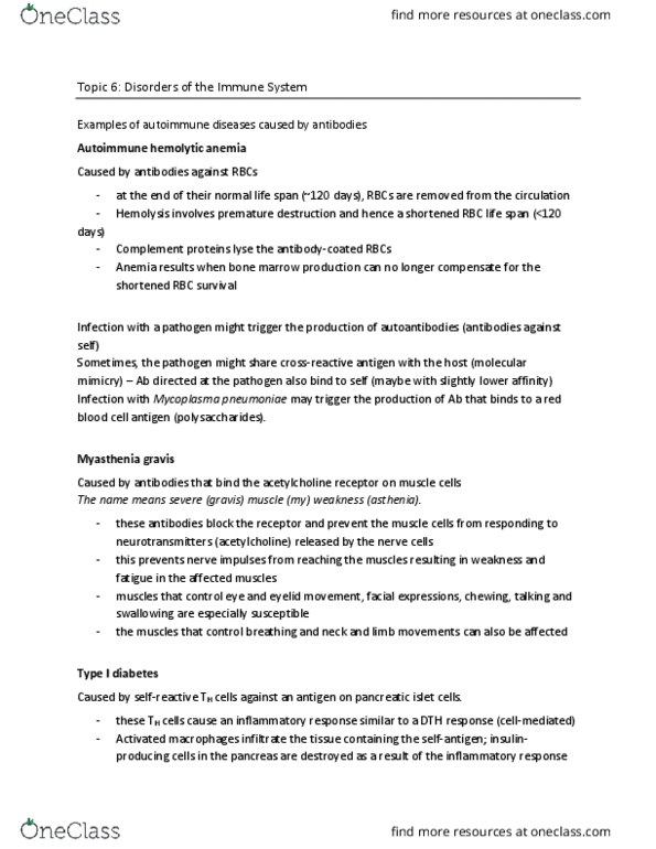 MICB 202 Chapter Notes - Chapter 6: Autoimmune Hemolytic Anemia, Severe Combined Immunodeficiency, Myasthenia Gravis thumbnail