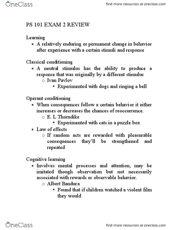 PS 101 Lecture Notes - Lecture 2: Albert Bandura, Social Cognitive Theory, Operant Conditioning Chamber thumbnail