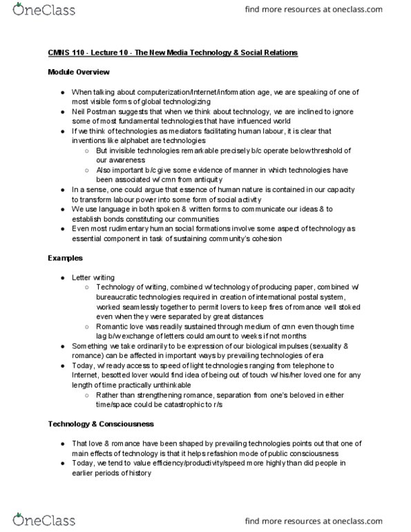 CMNS 110 Lecture Notes - Lecture 10: Neil Postman, Technological Change, Labour Power thumbnail