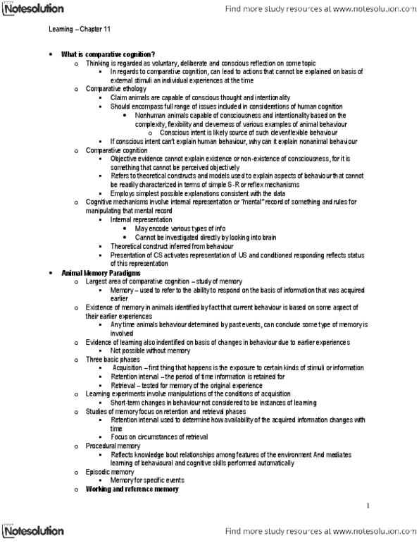 PS261 Chapter Notes - Chapter 11: Morris Water Navigation Task, Spatial Memory, Procedural Memory thumbnail