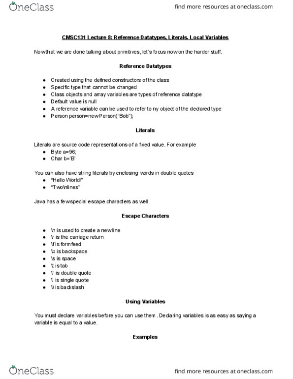 CMSC 131 Lecture 8: Reference Datatypes, Literals, Local Variables thumbnail