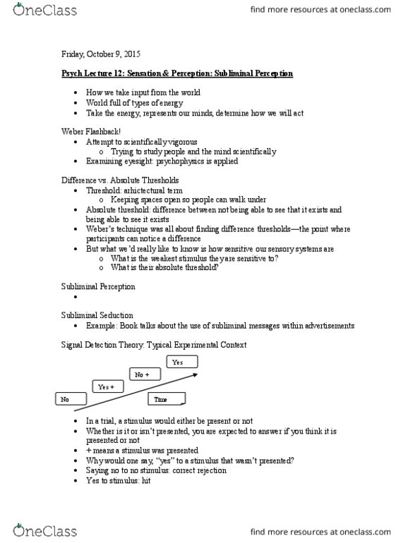 PSYA01H3 Lecture Notes - Lecture 12: Detection Theory, Absolute Threshold, Psychophysics thumbnail