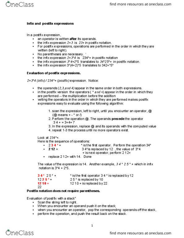 CSE 214 Lecture Notes - Lecture 1: Reverse Polish Notation, Infix Notation, Operand thumbnail