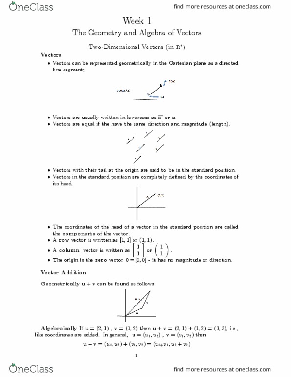 MATH 232 Lecture Notes - Lecture 1: Scalar Multiplication, Row And Column Vectors, Unit Vector thumbnail