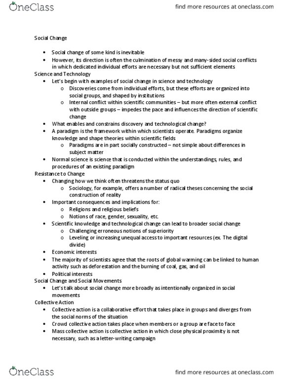 SOCIOL 110 Lecture Notes - Lecture 1: Social Change, Normal Science, Radical Change thumbnail