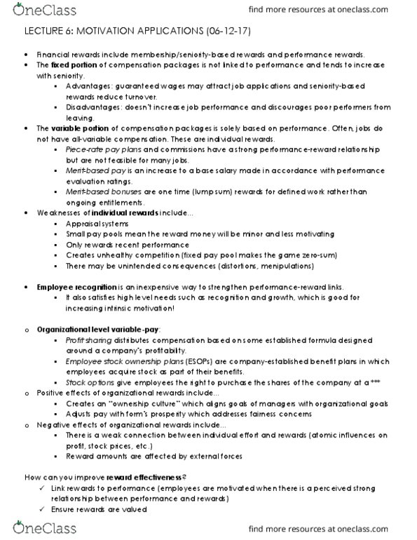 MSCI211 Lecture Notes - Lecture 6: Motivation, Job Performance, Profit Sharing thumbnail