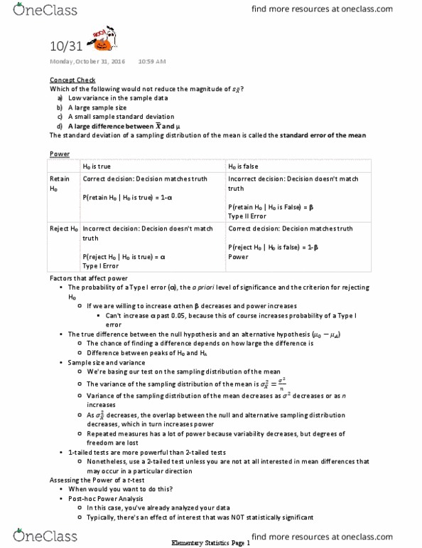 PSYC 301 Lecture Notes - Lecture 12: Type I And Type Ii Errors, Null Hypothesis, Sampling Distribution thumbnail