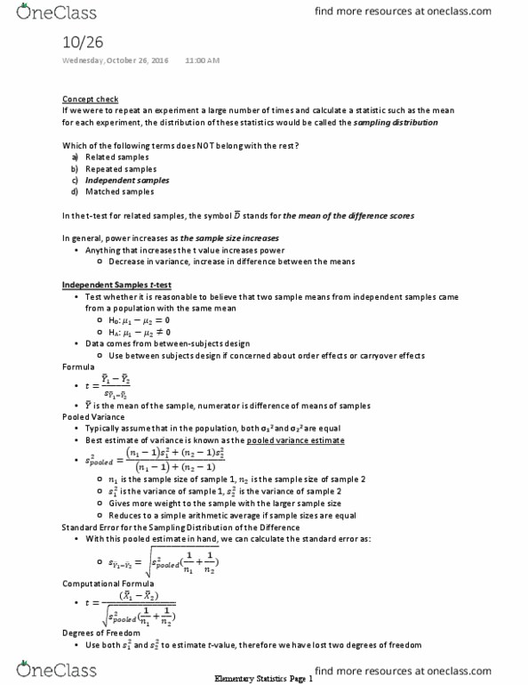 PSYC 301 Lecture Notes - Lecture 10: Sampling Distribution thumbnail