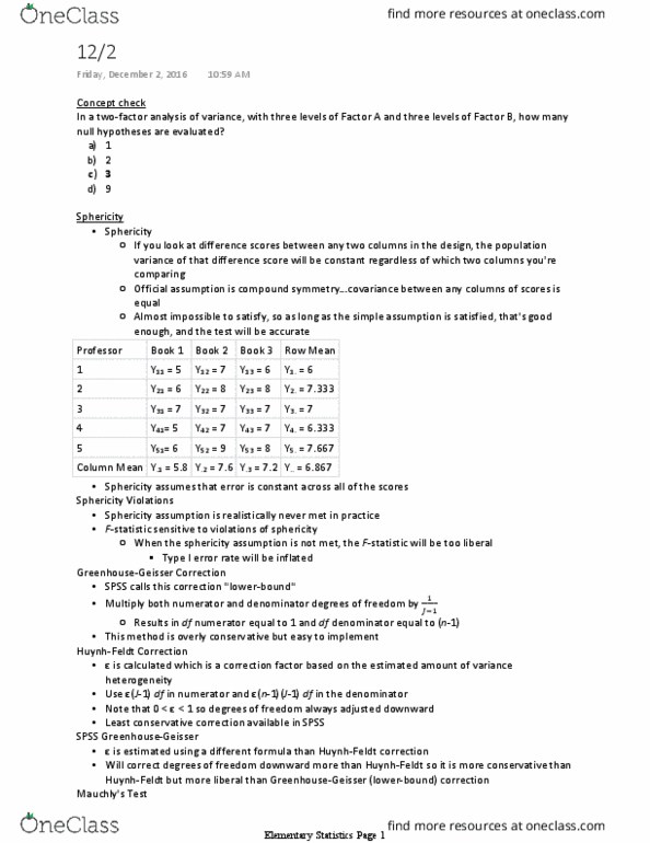 PSYC 301 Lecture Notes - Lecture 21: Type I And Type Ii Errors, Null Hypothesis, Sphericity thumbnail