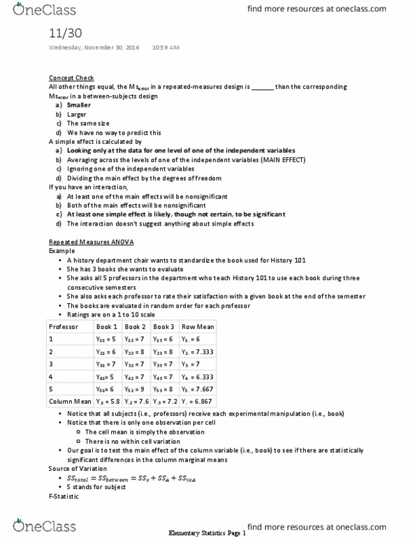 PSYC 301 Lecture Notes - Lecture 20: Repeated Measures Design, Junkers J 1, Type I And Type Ii Errors thumbnail