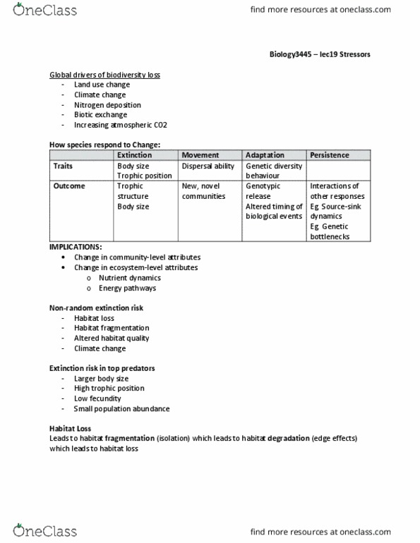 Biology 3445F Lecture Notes - Lecture 19: Sloss Debate, Habitat Fragmentation, Stressor thumbnail