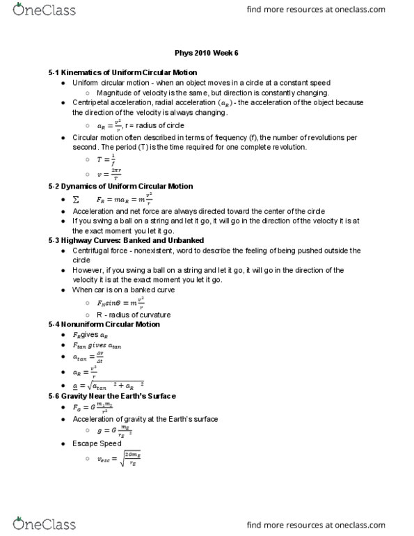 PHYS 2010 Chapter Notes - Chapter 5.1-5.6: Circular Motion, Net Force, Centrifugal Force thumbnail