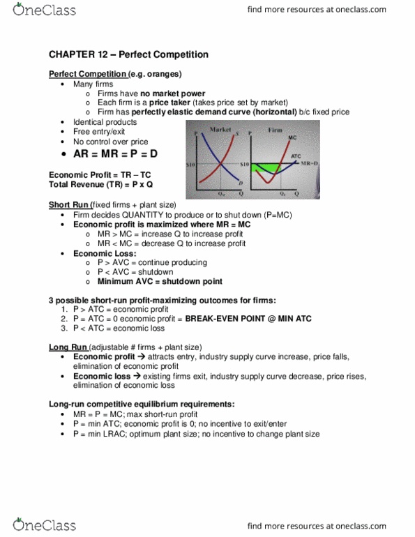 ECON 101 Chapter Notes - Chapter 12-15: Demand Curve, Profit Maximization, Perfect Competition thumbnail