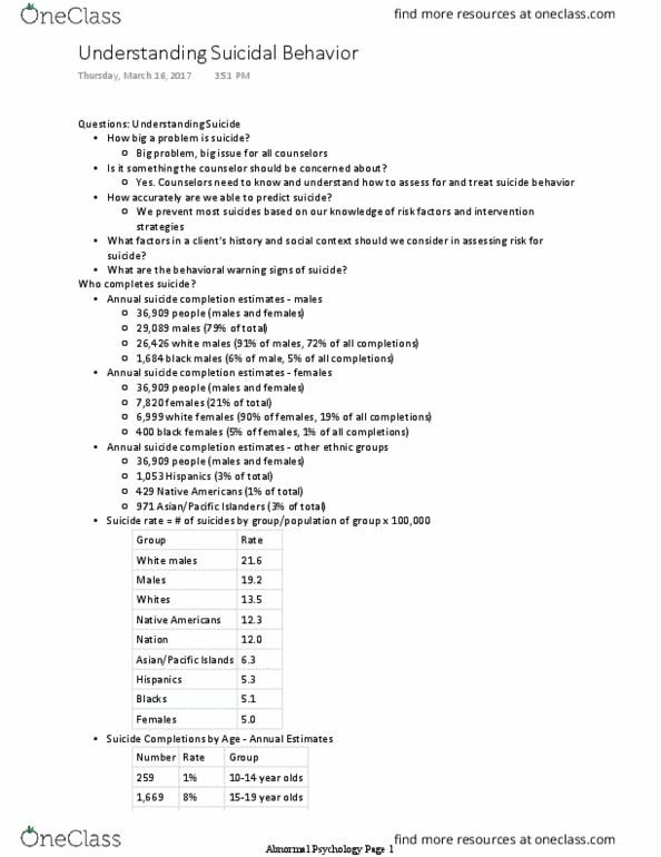PSYC 318 Lecture Notes - Lecture 9: Borderline Personality Disorder, List Of Sovereign States By Suicide Rate, Substance Intoxication thumbnail