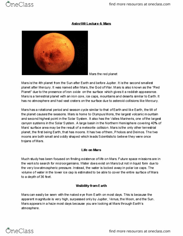 ASTR 230 Lecture Notes - Lecture 4: Red Planet Mars, Valles Marineris, Terrestrial Planet thumbnail