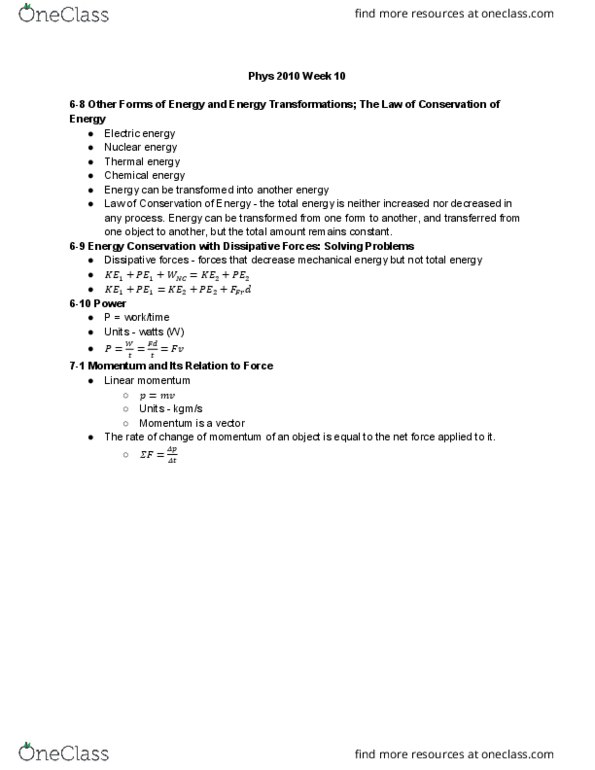PHYS 2010 Chapter Notes - Chapter 6.8-7.1: Electrical Energy, Thermal Energy, Chemical Energy thumbnail