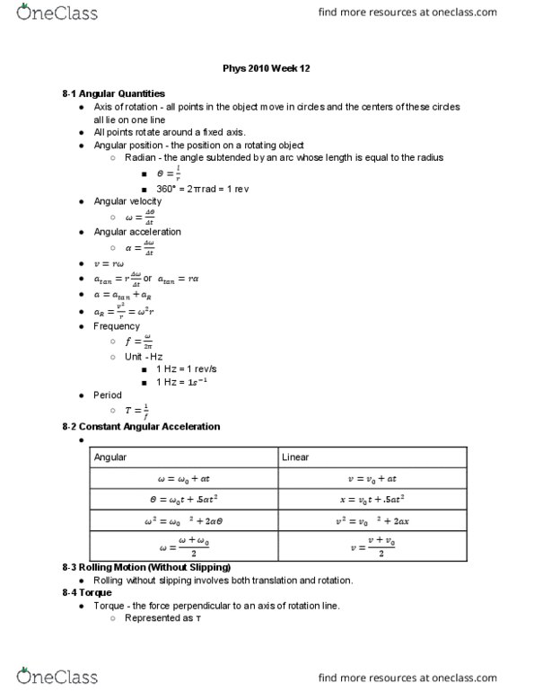 PHYS 2010 Chapter Notes - Chapter 8.1-8.4: Angular Acceleration thumbnail