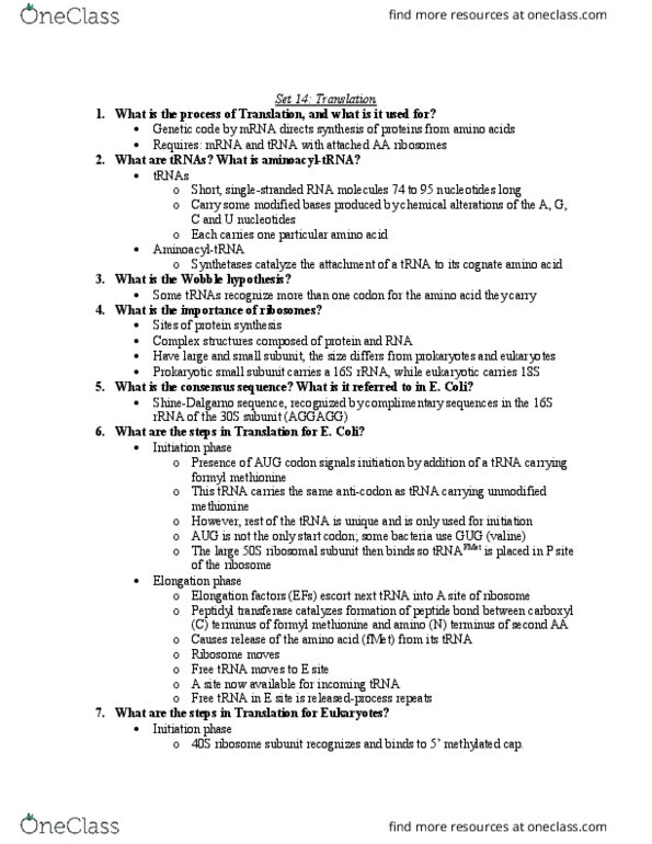 BIOL239 Lecture Notes - Lecture 14: Start Codon, Aldehyde, Consensus Sequence thumbnail