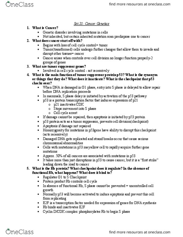 BIOL239 Lecture Notes - Lecture 21: Tumor Suppressor Gene, G1 Phase, E2F thumbnail