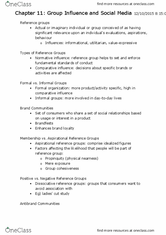 COMM 362 Chapter Notes - Chapter 11: Reference Group, Group Cohesiveness, Home Shopping thumbnail