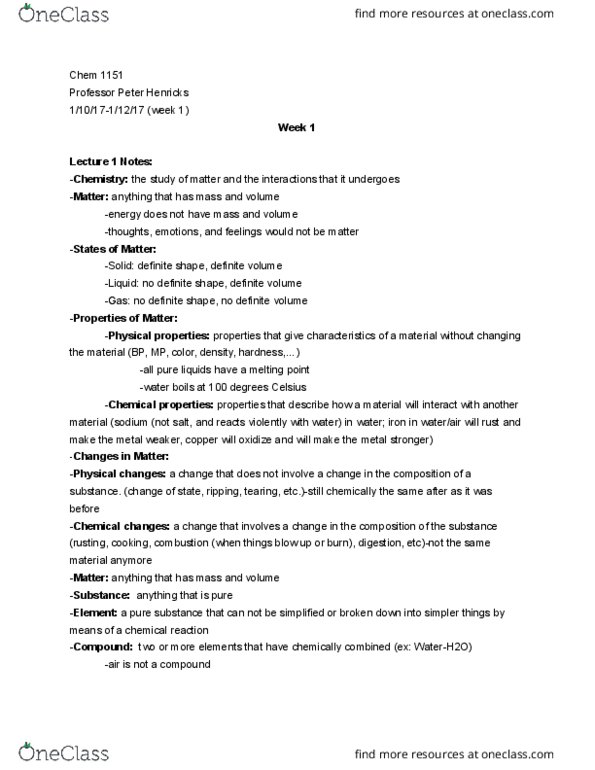 CHEM 1151 Lecture Notes - Lecture 1: Chocolate Chip Cookie, Chemical Element, Sodium Chloride thumbnail