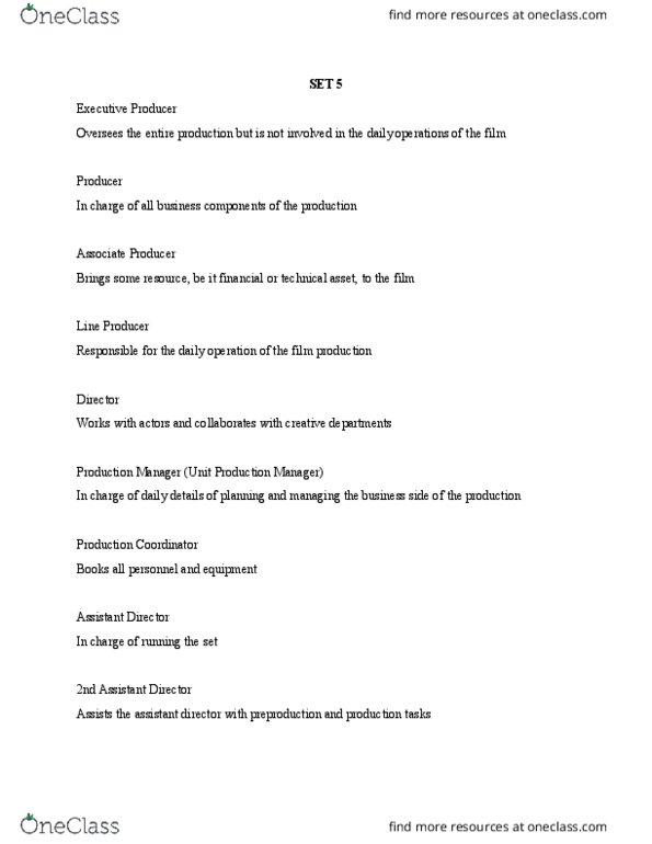 COMM 3700 Lecture Notes - Lecture 5: Camera Dolly, Set Dresser, Key Grip thumbnail