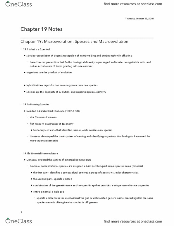 Biology 1201A Chapter Notes - Chapter 19: Binomial Nomenclature, Carl Linnaeus, Macroevolution thumbnail