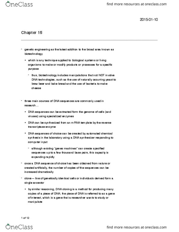 Biology 1202B Chapter Notes - Chapter 15: Agarose Gel Electrophoresis, Molecular Cloning, Genomic Library thumbnail