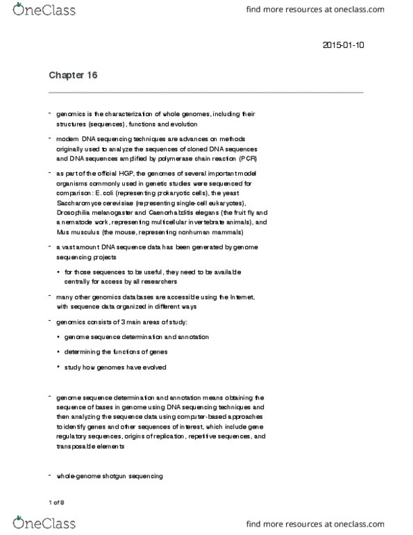 Biology 1202B Chapter Notes - Chapter 16: Open Reading Frame, Genome Project, Dna Sequencing thumbnail