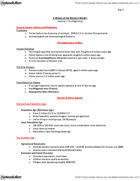 HIST110 Lecture Notes - Homo Habilis, Paleolithic, Homo Erectus thumbnail