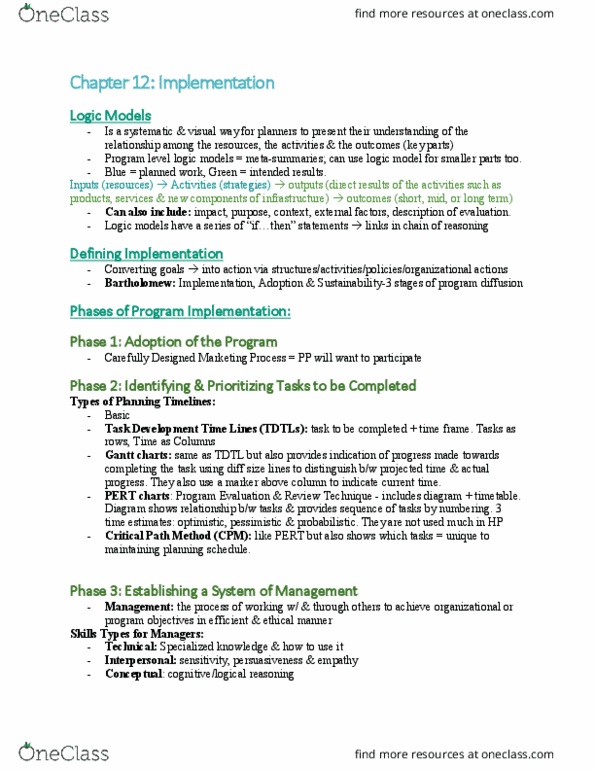 Health Sciences 2250A/B Chapter Notes - Chapter 12: Critical Path Method, Logic Model, Performance Appraisal thumbnail