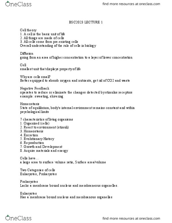 BSC 2023 Lecture Notes - Lecture 1: Lipid Bilayer, Cell Membrane, Cell Theory thumbnail