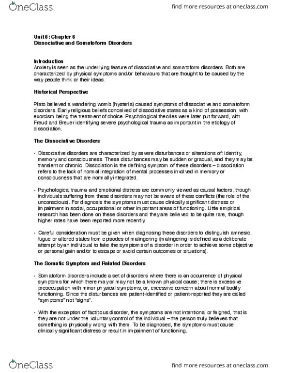 PS280 Lecture Notes - Lecture 6: Dissociative Identity Disorder, Somatic Symptom Disorder, Dissociative Disorder thumbnail