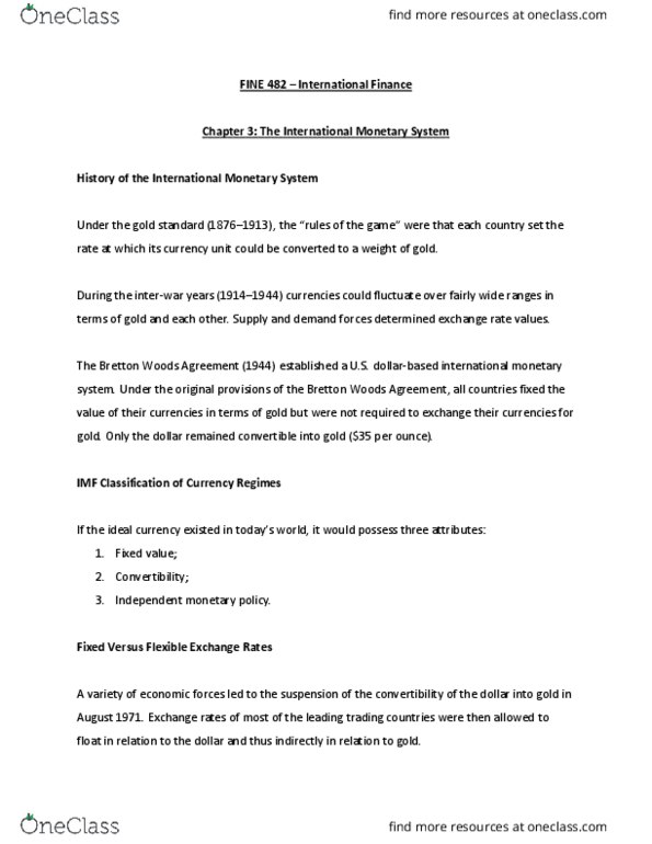 FINE 482 Chapter Notes - Chapter 3: Bretton Woods System, United States Dollar, Currency Substitution thumbnail